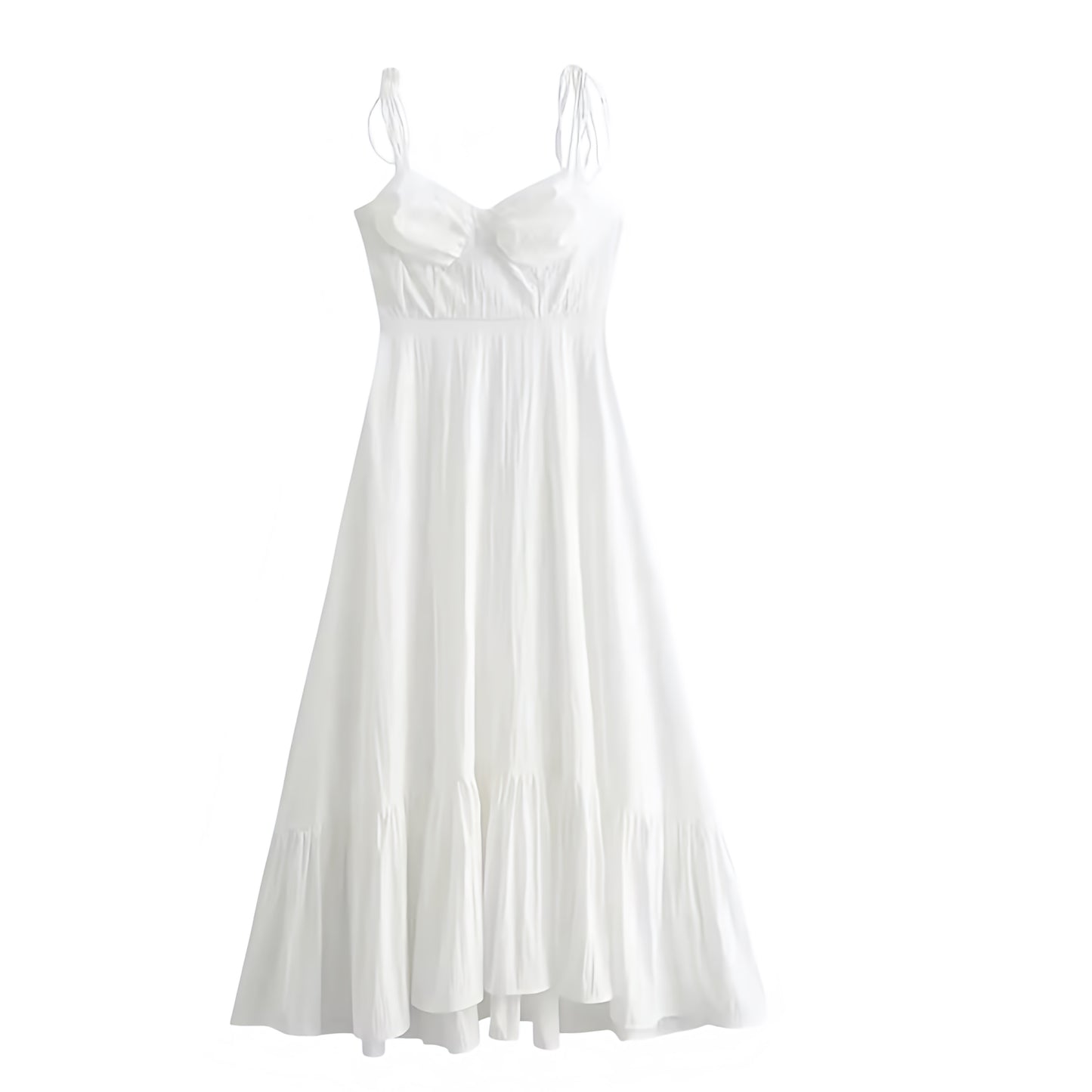White sweetheart neckline drop-waist spaghetti strap maxi dress for women & teens. Slim fit corset bustier bodycon silhouette with A-line empire waist, pleated plissé flared skirt, milkmaid vintage style, sleeveless backless sundress. Elegant summer dress for holidays, beach, Euro summer, Parisian chic, old money style, preppy Hamptons & Nantucket style. Perfect for prom, graduation, homecoming, party, brunch, evening, vacation, or casual everyday wear. Ships worldwide to USA, UK, Canada, Australia, Europe 