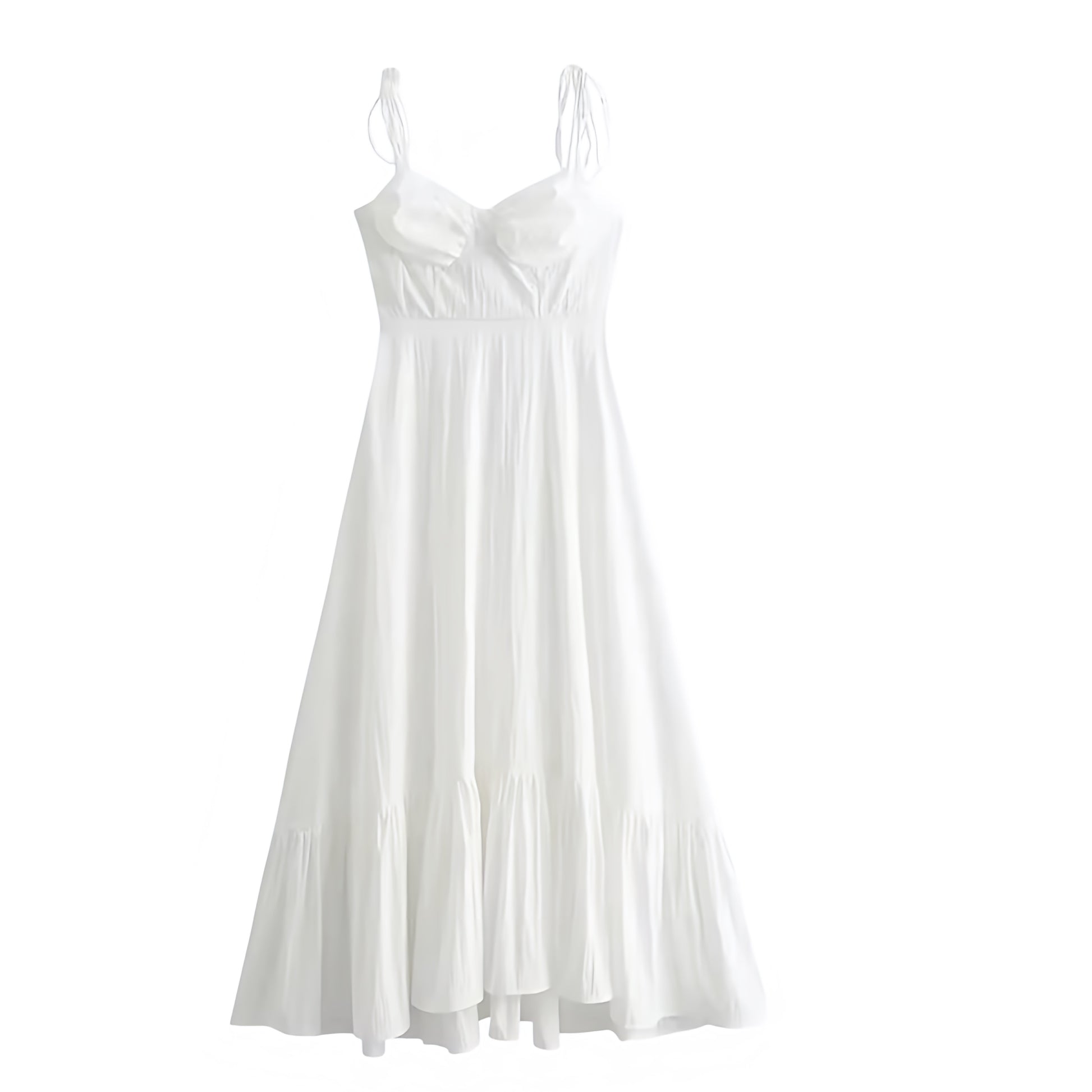 White sweetheart neckline drop-waist spaghetti strap maxi dress for women & teens. Slim fit corset bustier bodycon silhouette with A-line empire waist, pleated plissé flared skirt, milkmaid vintage style, sleeveless backless sundress. Elegant summer dress for holidays, beach, Euro summer, Parisian chic, old money style, preppy Hamptons & Nantucket style. Perfect for prom, graduation, homecoming, party, brunch, evening, vacation, or casual everyday wear. Ships worldwide to USA, UK, Canada, Australia, Europe 