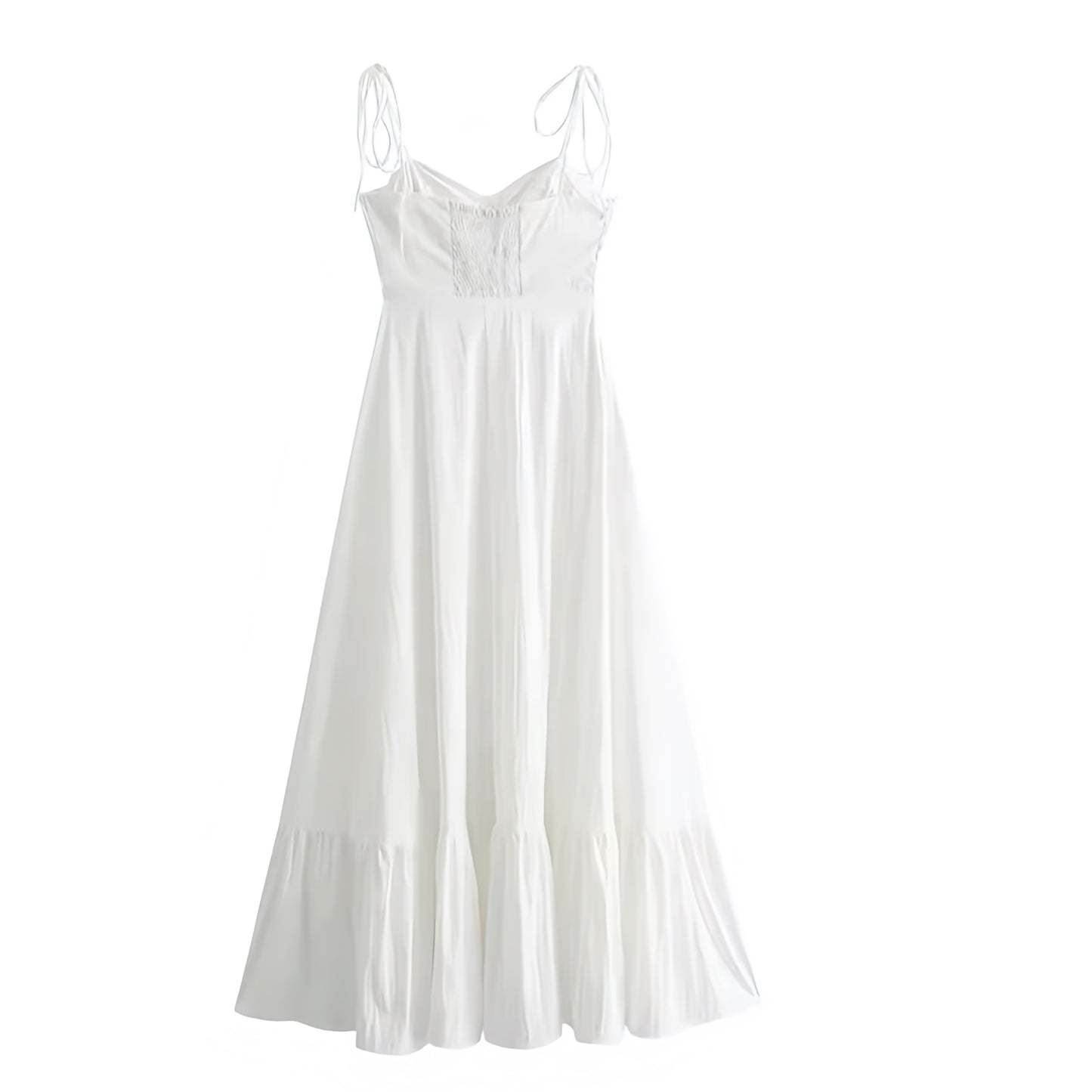 White sweetheart neckline drop-waist spaghetti strap maxi dress for women & teens. Slim fit corset bustier bodycon silhouette with A-line empire waist, pleated plissé flared skirt, milkmaid vintage style, sleeveless backless sundress. Elegant summer dress for holidays, beach, Euro summer, Parisian chic, old money style, preppy Hamptons & Nantucket style. Perfect for prom, graduation, homecoming, party, brunch, evening, vacation, or casual everyday wear. Ships worldwide to USA, UK, Canada, Australia, Europe 