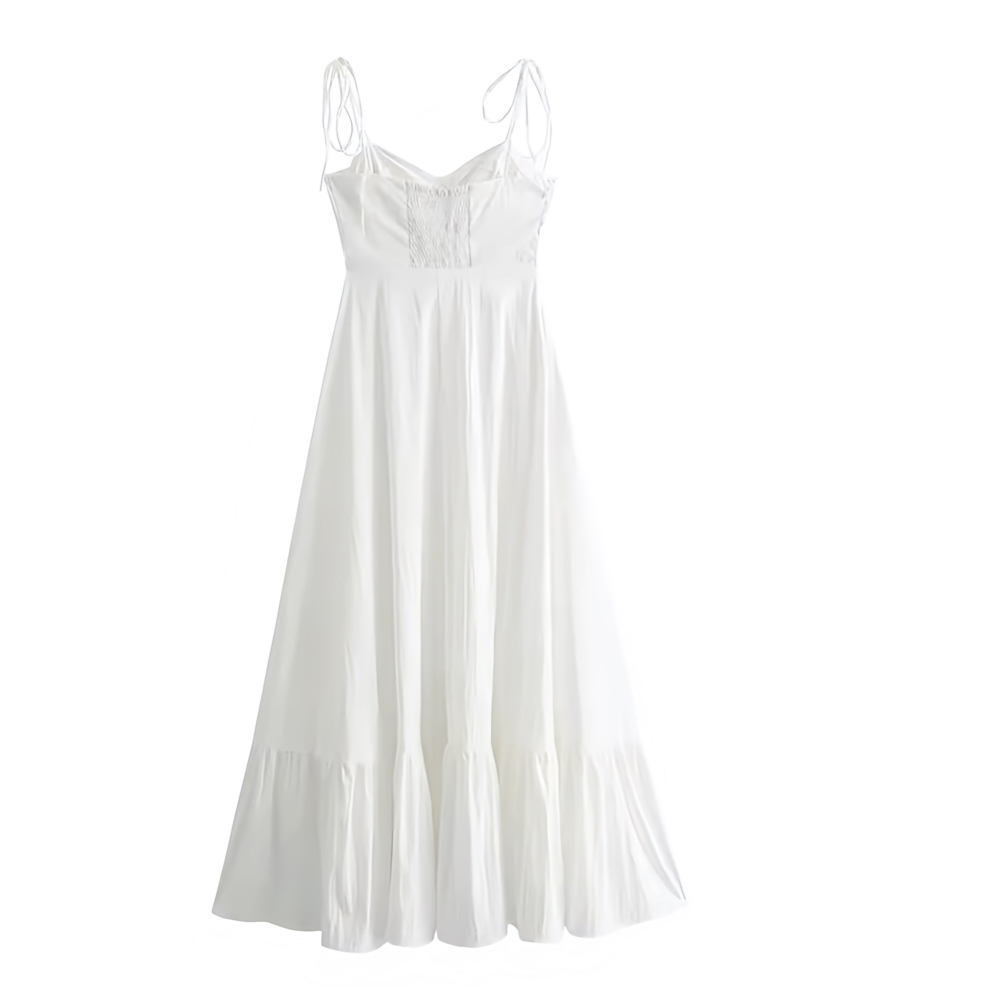 White sweetheart neckline drop-waist spaghetti strap maxi dress for women & teens. Slim fit corset bustier bodycon silhouette with A-line empire waist, pleated plissé flared skirt, milkmaid vintage style, sleeveless backless sundress. Elegant summer dress for holidays, beach, Euro summer, Parisian chic, old money style, preppy Hamptons & Nantucket style. Perfect for prom, graduation, homecoming, party, brunch, evening, vacation, or casual everyday wear. Ships worldwide to USA, UK, Canada, Australia, Europe 