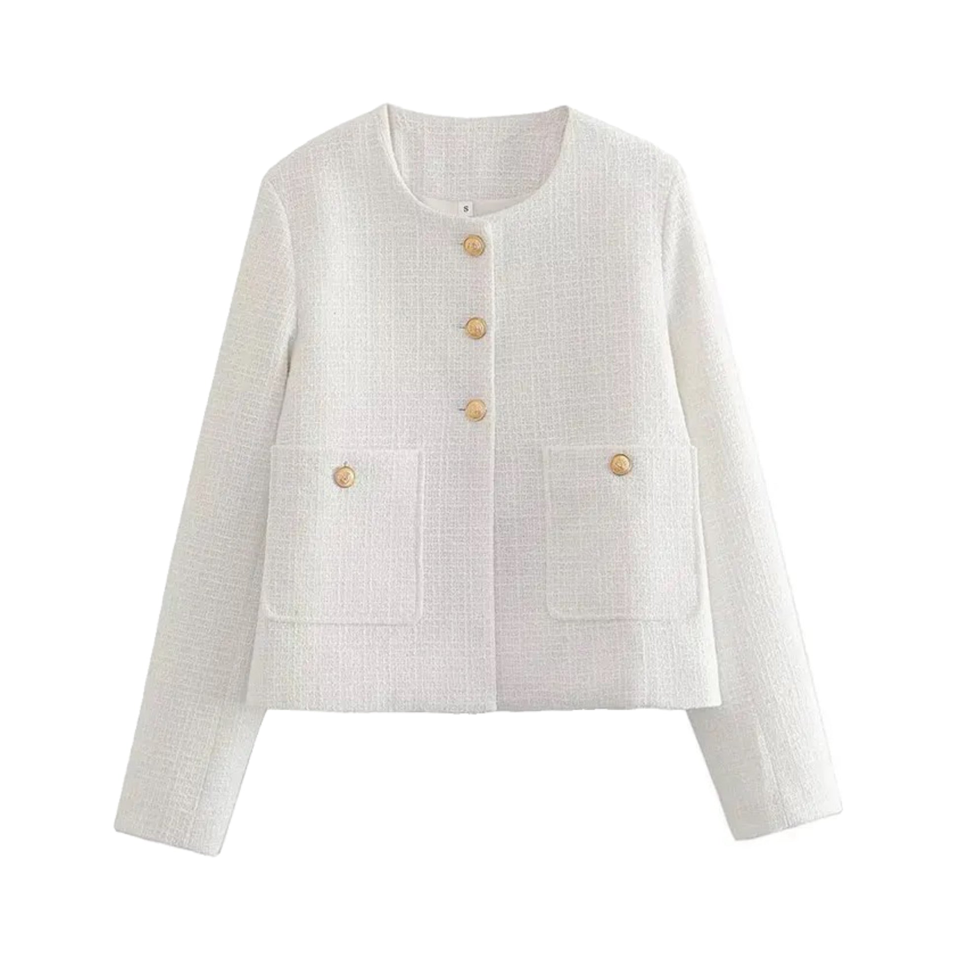 White tweed gold button-down cropped peacoat jacket for women featuring long sleeves, structured silhouette, round neckline, single-breasted button closure, and luxury wool-blend fabric. Chic and feminine cropped outerwear piece for fall and winter 2025 fashion. Perfect for elegant, minimalist, and preppy style looks. Ships globally to the US, UK, Canada, Europe, Asia, and Australia.