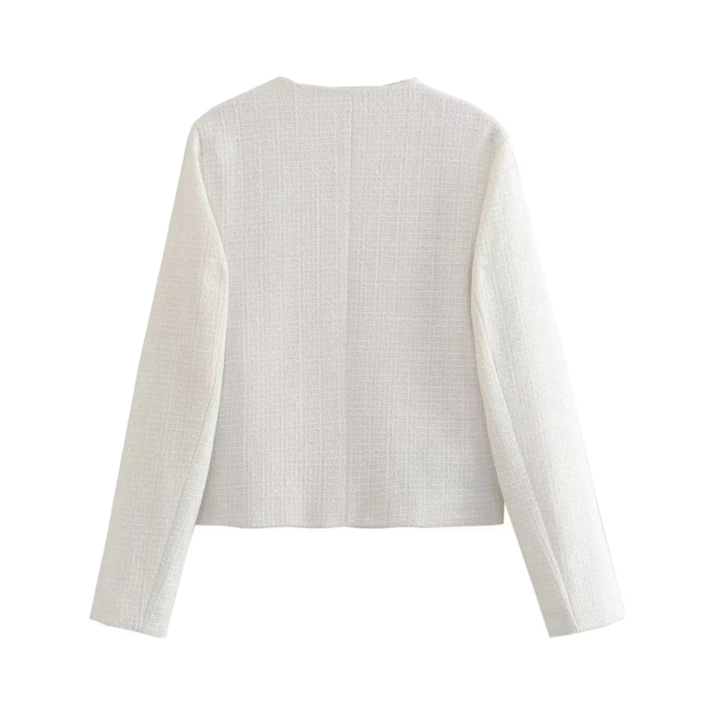 White tweed gold button-down cropped peacoat jacket for women featuring long sleeves, structured silhouette, round neckline, single-breasted button closure, and luxury wool-blend fabric. Chic and feminine cropped outerwear piece for fall and winter 2025 fashion. Perfect for elegant, minimalist, and preppy style looks. Ships globally to the US, UK, Canada, Europe, Asia, and Australia.