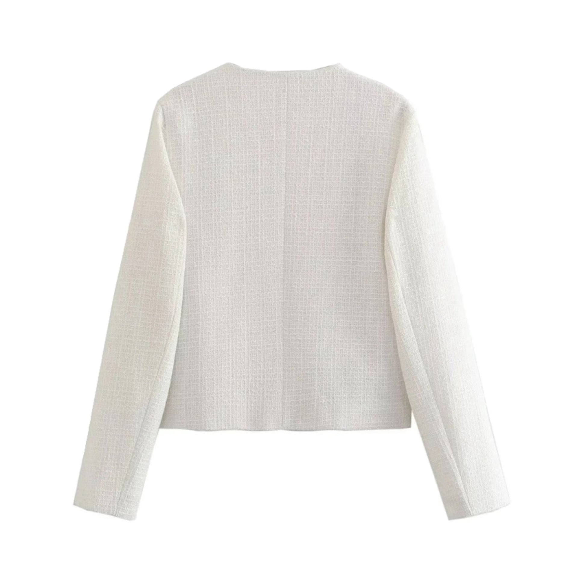 White tweed gold button-down cropped peacoat jacket for women featuring long sleeves, structured silhouette, round neckline, single-breasted button closure, and luxury wool-blend fabric. Chic and feminine cropped outerwear piece for fall and winter 2025 fashion. Perfect for elegant, minimalist, and preppy style looks. Ships globally to the US, UK, Canada, Europe, Asia, and Australia.