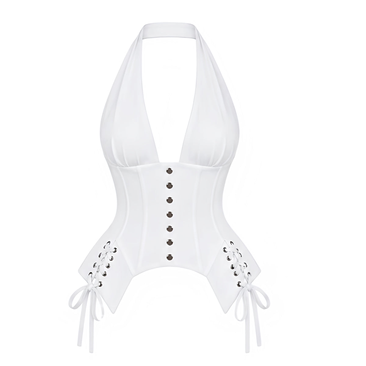 White V-neck metallic studded backless corset halter top with deep plunging neckline, gathered ruched bust, fitted longline bodice, structured corset paneling, silver-tone stud buttons, side lace-up details, metal grommet eyelets, cinched waist, pointed handkerchief hem, self-tie halter bow and open back. Y2K 2000s soft grunge punk gothic rock chic opiumcore baddie rave club festival concert Halloween Halloweekend fall 2026 top.