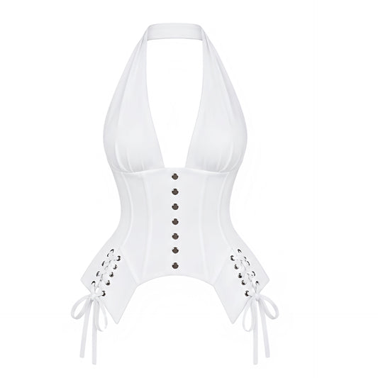 White V-neck metallic studded backless corset halter top with deep plunging neckline, gathered ruched bust, fitted longline bodice, structured corset paneling, silver-tone stud buttons, side lace-up details, metal grommet eyelets, cinched waist, pointed handkerchief hem, self-tie halter bow and open back. Y2K 2000s soft grunge punk gothic rock chic opiumcore baddie rave club festival concert Halloween Halloweekend fall 2026 top.