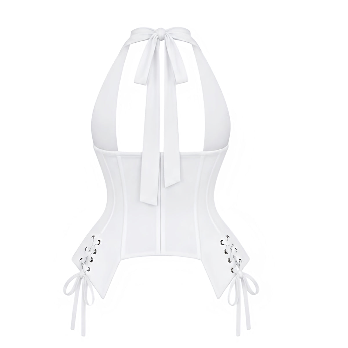 White V-neck metallic studded backless corset halter top with deep plunging neckline, gathered ruched bust, fitted longline bodice, structured corset paneling, silver-tone stud buttons, side lace-up details, metal grommet eyelets, cinched waist, pointed handkerchief hem, self-tie halter bow and open back. Y2K 2000s soft grunge punk gothic rock chic opiumcore baddie rave club festival concert Halloween Halloweekend fall 2026 top.