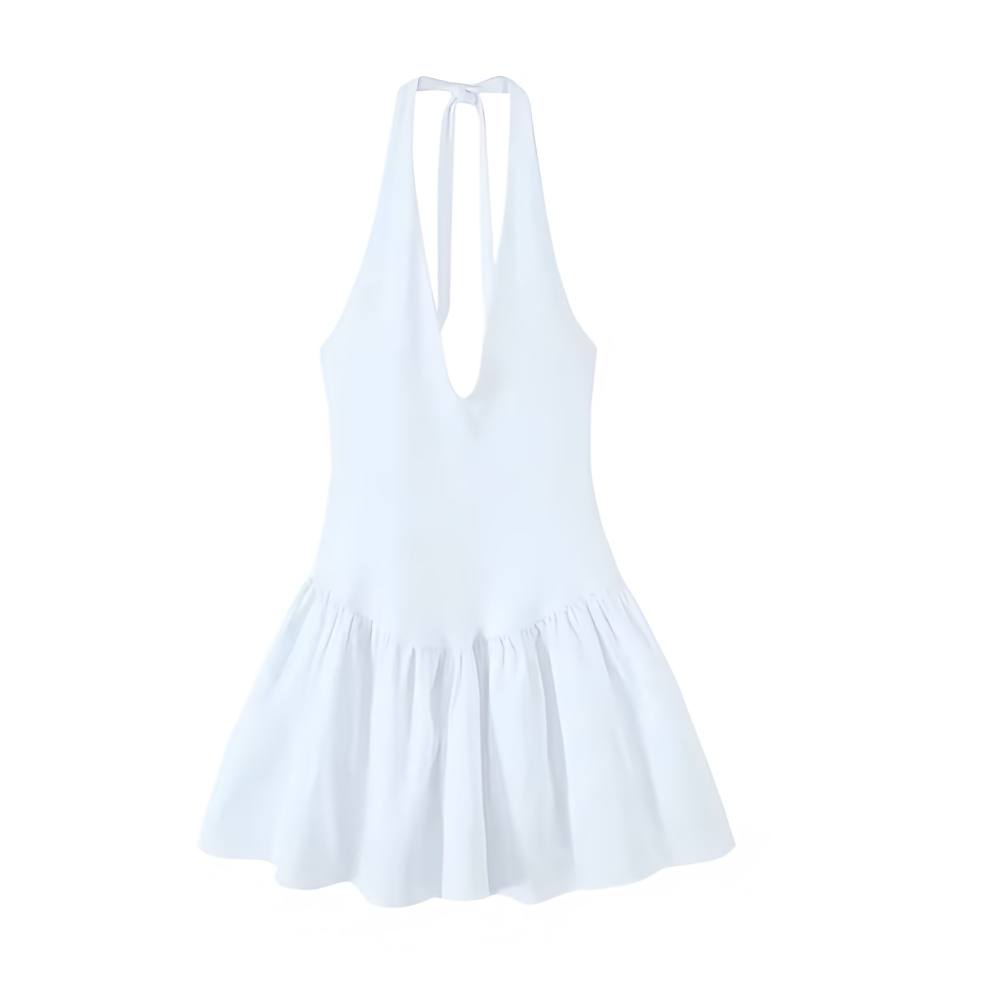 White V neck slim fit ruffled peplum halter mini dress with tie neck backless sleeveless design and layered ruffle pleated plisse tiered flared skirt. Bodycon babydoll sundress for womens teens ladies perfect for spring summer outfits brunch party prom homecoming graduation euro summer ibiza style beach vacation resort wear boho chic coquette style soft girl style clean girl outfits hot girl outfit.

