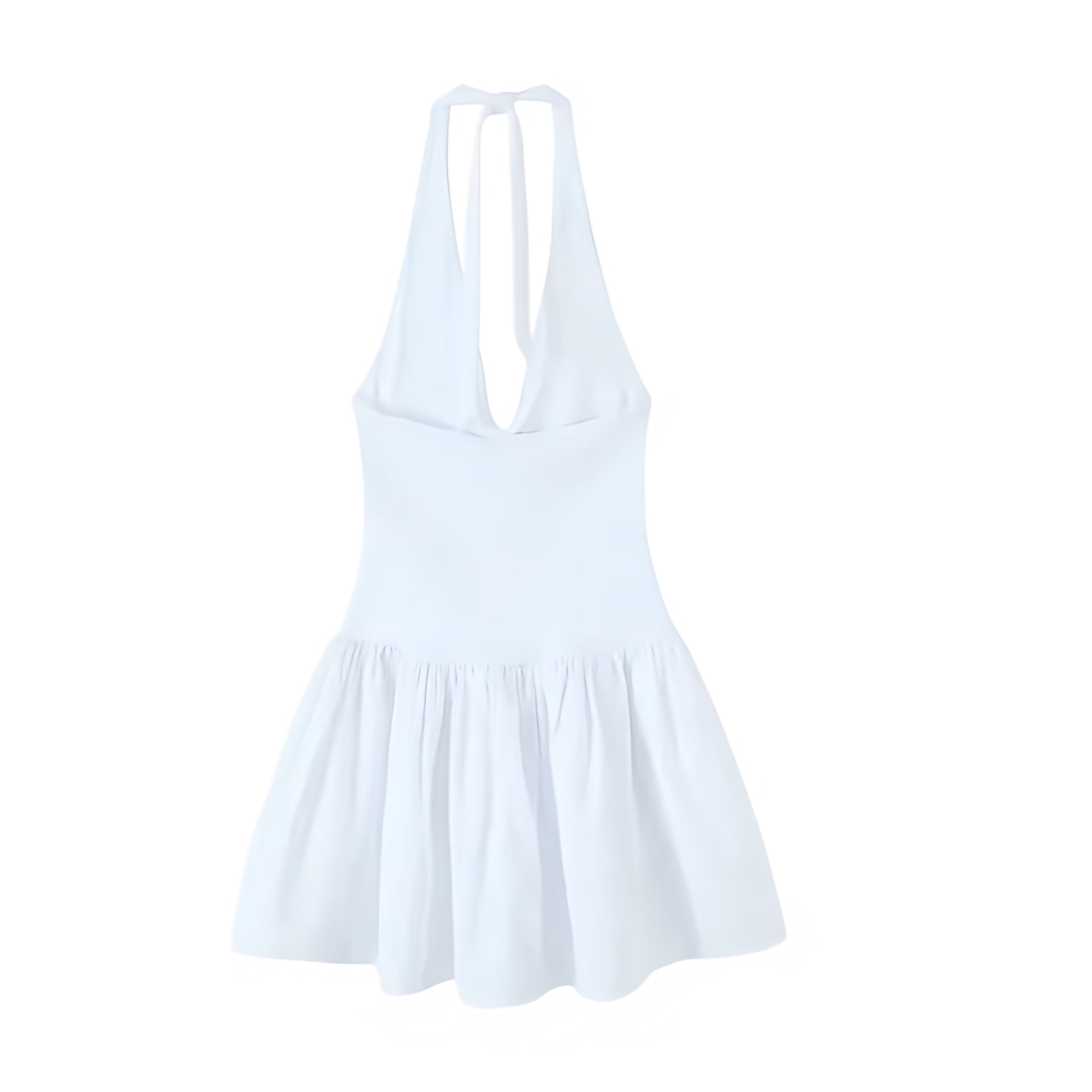 White V neck slim fit ruffled peplum halter mini dress with tie neck backless sleeveless design and layered ruffle pleated plisse tiered flared skirt. Bodycon babydoll sundress for womens teens ladies perfect for spring summer outfits brunch party prom homecoming graduation euro summer ibiza style beach vacation resort wear boho chic coquette style soft girl style clean girl outfits hot girl outfit.

