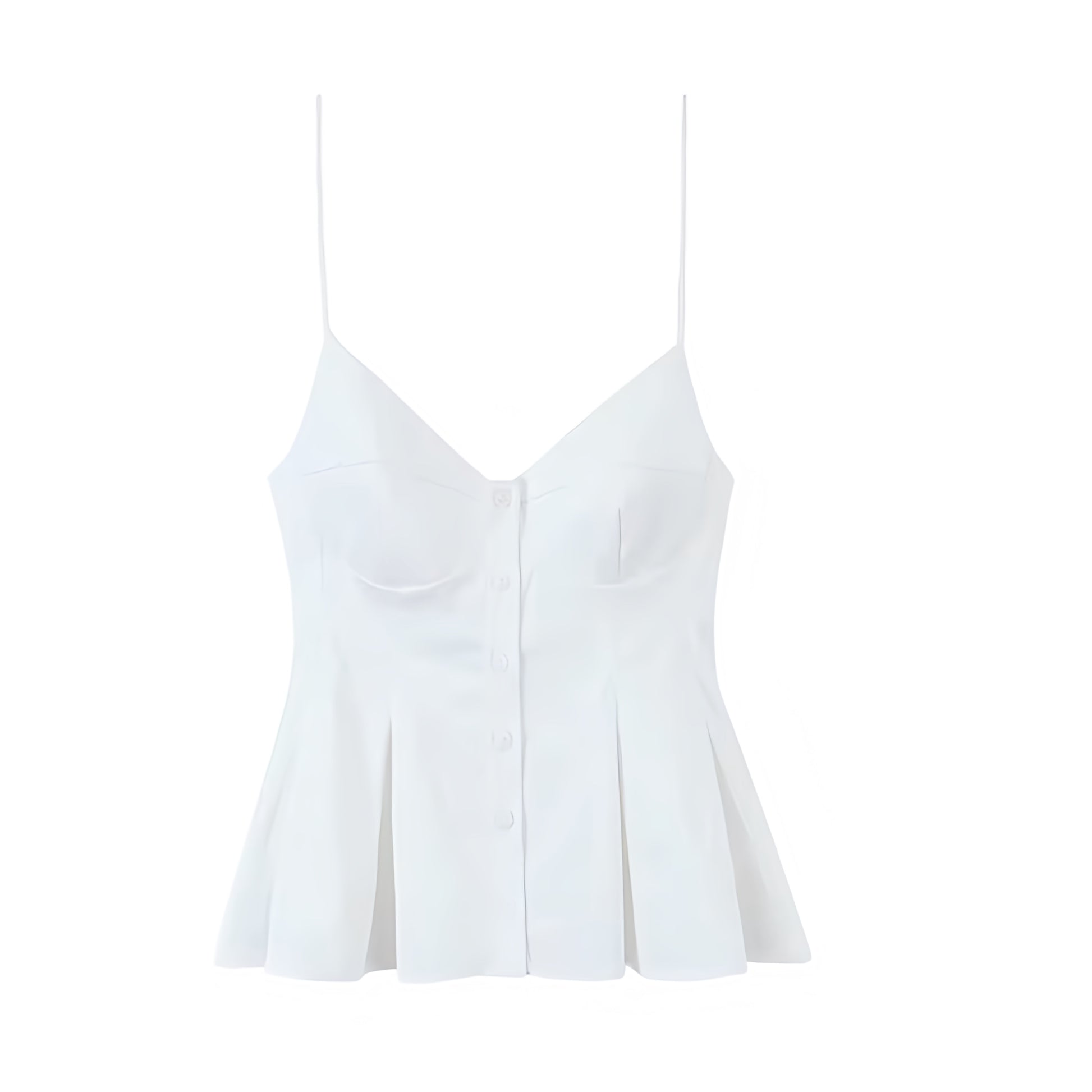 White slim fit camisole corset tank top with v neck spaghetti straps. Bustier bodycon silhouette crop blouse with sweetheart neckline, button-down detail, sleeveless and backless chic design. Women’s and teens’ summer and fall 2025 fashion. Elegant coquette Y2K trendy feminine style for holiday, vacation, casual everyday, school, sorority, rush, evening party, night out, going out, sexy club wear, euro summer, beach style, Hamptons style, Nantucket style, preppy style. Ships worldwide