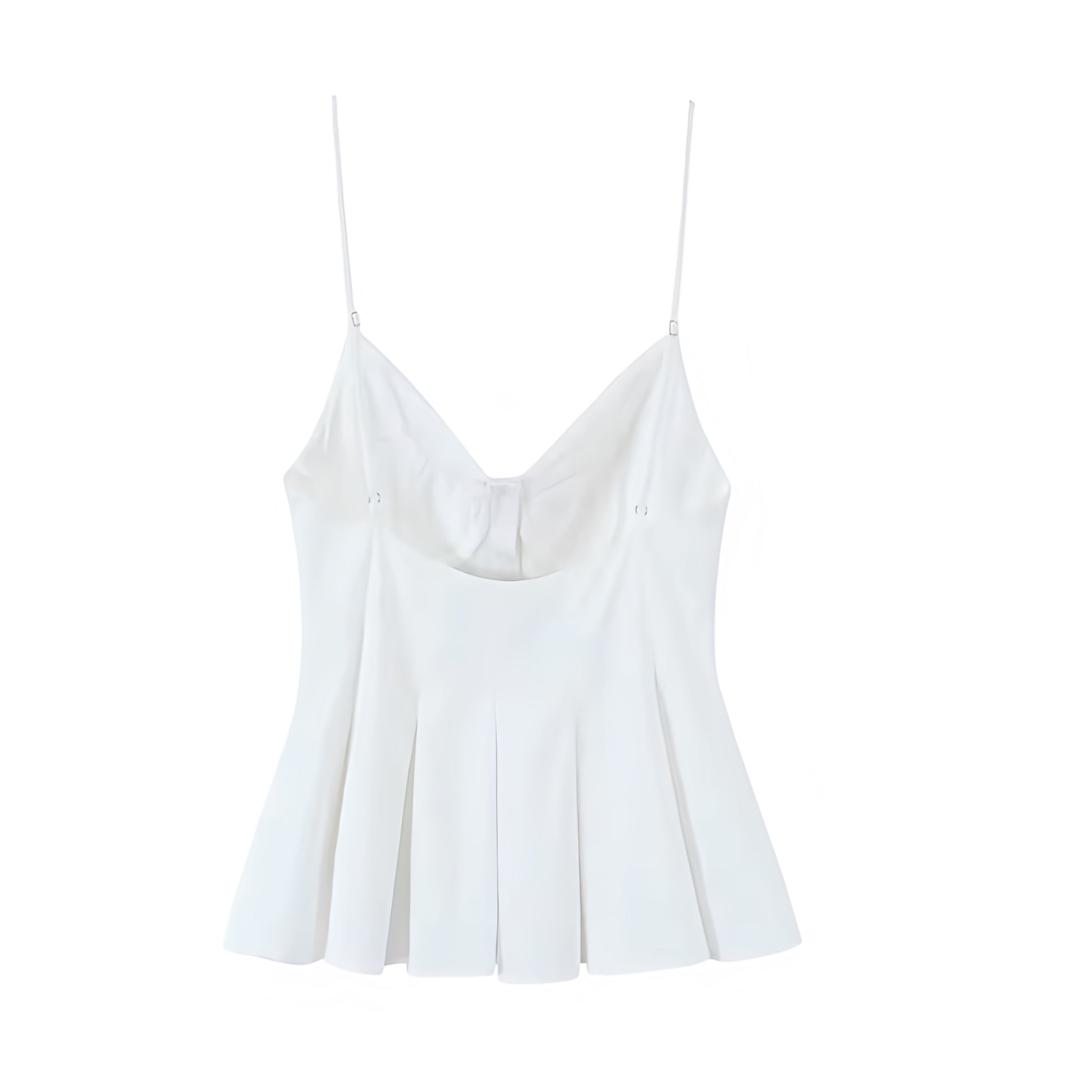 White slim fit camisole corset tank top with v neck spaghetti straps. Bustier bodycon silhouette crop blouse with sweetheart neckline, button-down detail, sleeveless and backless chic design. Women’s and teens’ summer and fall 2025 fashion. Elegant coquette Y2K trendy feminine style for holiday, vacation, casual everyday, school, sorority, rush, evening party, night out, going out, sexy club wear, euro summer, beach style, Hamptons style, Nantucket style, preppy style. Ships worldwide 