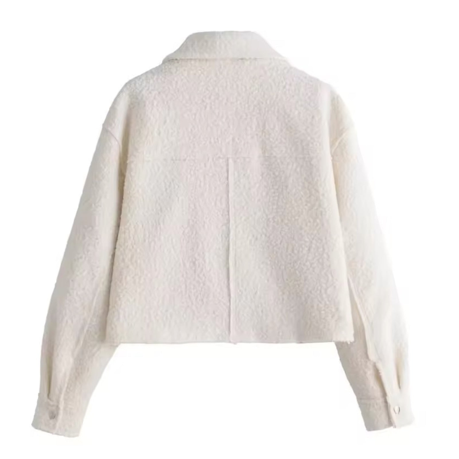 White woolen zip-up long sleeve cropped sherpa jacket for women and teens, fuzzy soft cozy warm thick luxury faux-fur coat with collared v-neck split neckline, elegant feminine trendy Y2K chic casual retro vintage fashionable outerwear for fall autumn winter 2025, Scandinavian Copenhagen streetwear and old-money style après-ski snow trip outfit, with global worldwide shipping to US UK Canada Australia Europe and Asia.