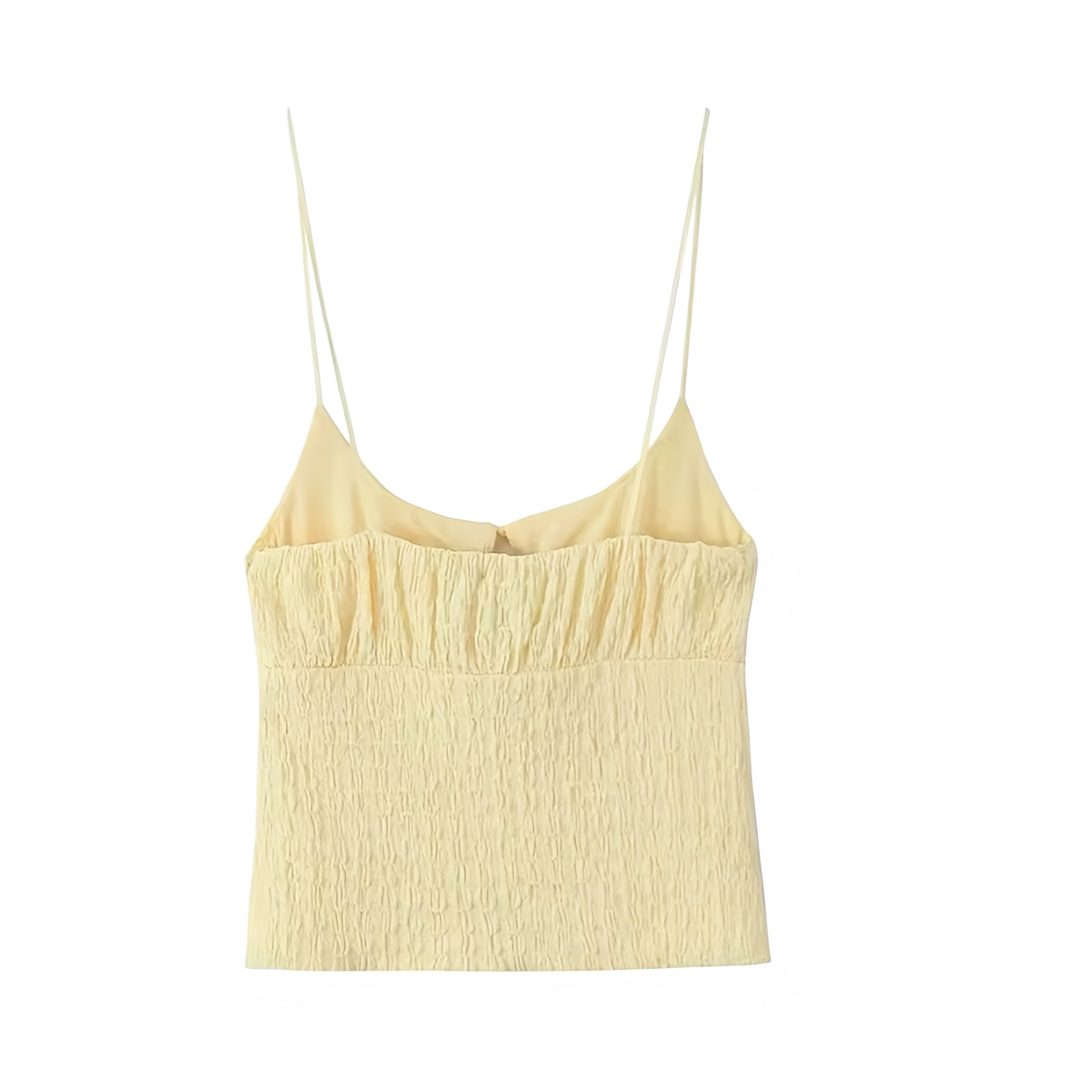 Butter yellow slim fit lace-up bow spaghetti strap crop tank top. Smocked shirred textured linen v neck split neck sleeveless backless blouse. Women’s and teens’ crop tank top for summer 2025. Feminine chic coquette Y2K trendy fashion for holiday, vacation, school, sorority, rush, party, night out, going out, sexy club wear, casual everyday wear, Stockholm street wear, Mediterranean euro summer style, preppy style. Ships worldwide to USA, Australia, New Zealand, UK, Canada, Germany, France, Ireland, Europe 