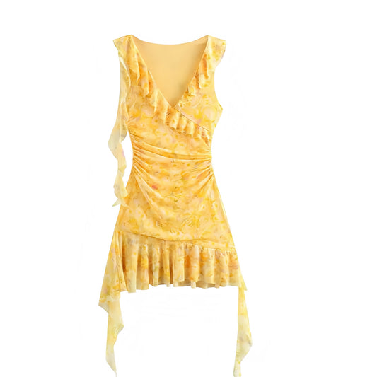 Yellow Floral Print Bodycon Ruffle Trim Ruched V-Neck Sleeveless Mini Dress. Slim fit multicolor floral print sundress with bodycon silhouette, layered ruffle trim, ruched detailing, flared asymmetric hem, and chic sleeveless V-neckline. Short mini dress for women, ladies, and teens who love feminine fashion for holidays, vacations, Euro summer, sorority rush, casual everyday wear, parties, festivals, prom, hoco, homecoming, sexy night out, going-out looks, boho chic styling, and club wear. Ships worldwide 