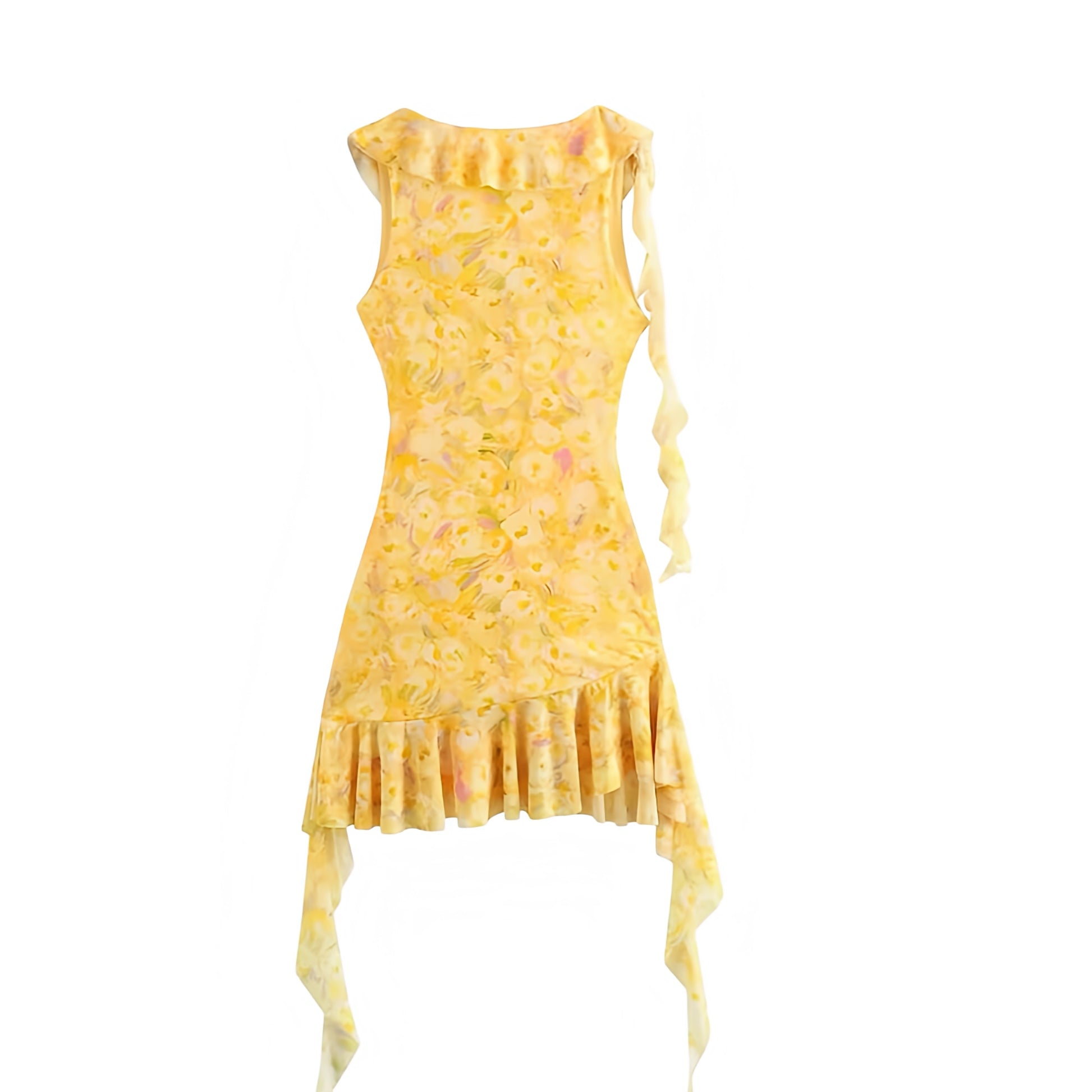 Yellow Floral Print Bodycon Ruffle Trim Ruched V-Neck Sleeveless Mini Dress. Slim fit multicolor floral print sundress with bodycon silhouette, layered ruffle trim, ruched detailing, flared asymmetric hem, and chic sleeveless V-neckline. Short mini dress for women, ladies, and teens who love feminine fashion for holidays, vacations, Euro summer, sorority rush, casual everyday wear, parties, festivals, prom, hoco, homecoming, sexy night out, going-out looks, boho chic styling, and club wear. Ships worldwide 