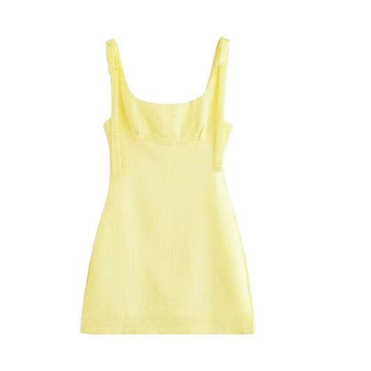 Butter yellow white gingham checkered striped slim fit bodycon corset bow spaghetti strap sleeveless backless a-line square neckline tailored short mini dress sundress for women and teens, chic trendy preppy elegant feminine fashion, Euro summer 2025 casual everyday holiday vacation brunch sorority rush prom hoco homecoming party going out, Hamptons style Nantucket style coquette look, with global shipping to USA, UK, Europe, Australia, and Canada.