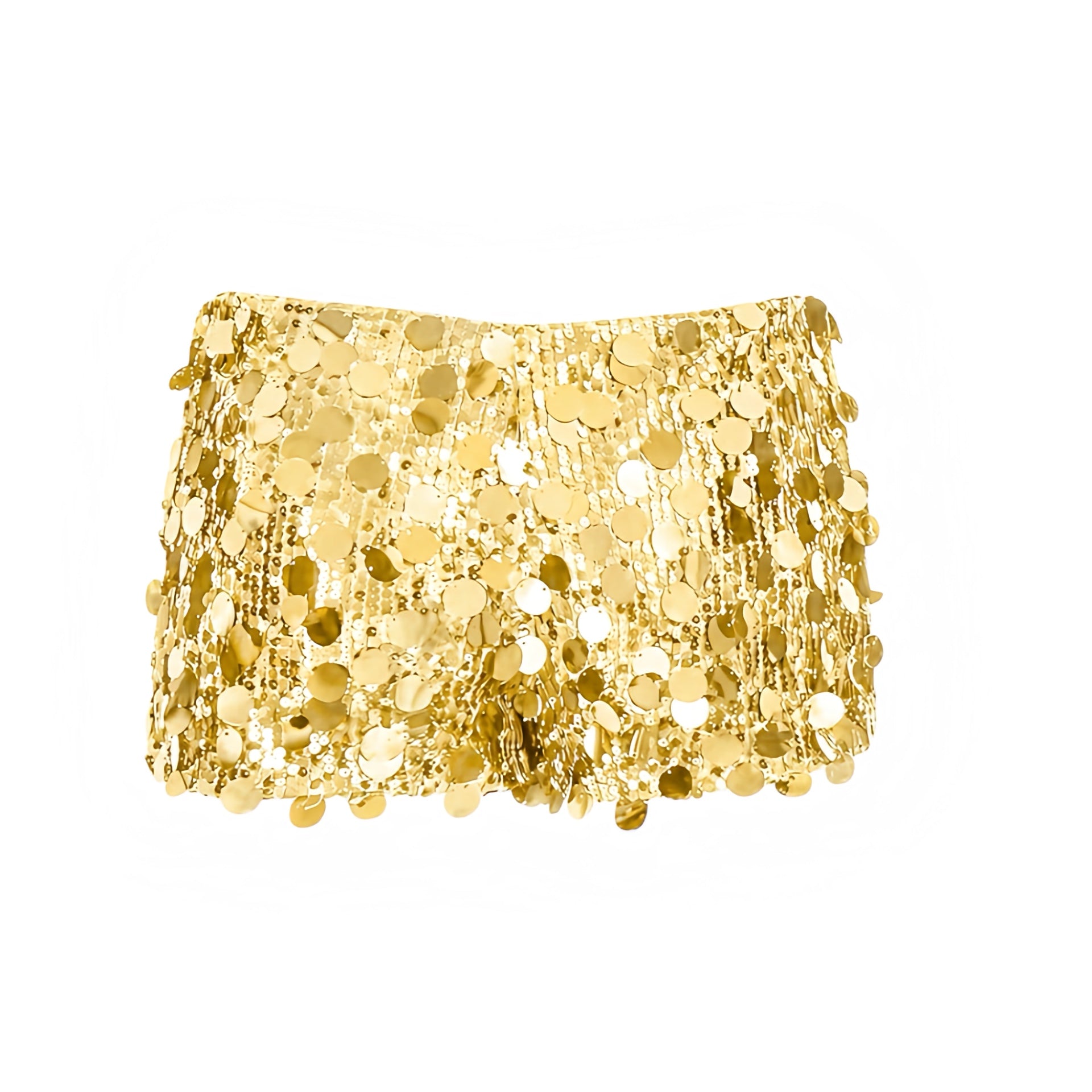 Yellow gold sequin embellished low-rise micro shorts in yellow gold, butter yellow and light yellow with sparkly, shimmery, glittery, sequined and beaded detailing. Slim fit bodycon skinny fit low-waisted short shorts, micro shorts, mini shorts and hot pants for women, teens and ladies. Perfect for Y2K style, 2000s fashion, party outfits, night out outfits, club wear, disco outfits, rave shorts, festival outfits, concert outfits, Ibiza style, baddie outfits, star girl aesthetic, mermaidcore, tropicalcore.