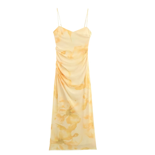 Butter yellow white multicolor tie dye patterned bodycon ruched slim fit maxi dress with sweetheart V-neckline, spaghetti straps, sleeveless backless sheath sundress – trendy chic elegant feminine preppy Y2K summer 2025 women’s and teens dress for prom, homecoming, vacation, brunch, party, beach, school, sorority rush – US UK Canada Australia Europe Asia