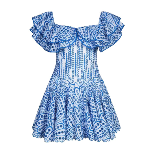 Capri Ruffle Trim Embroidered Mini Dress