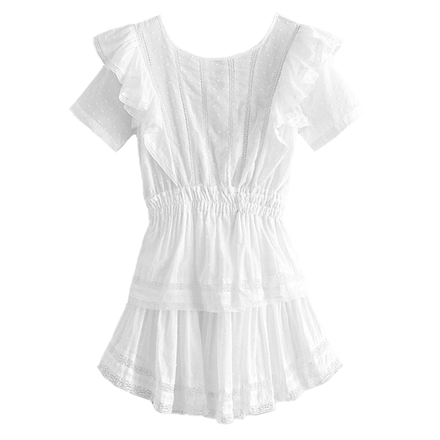 White Embroidered Ruffle Trim Mini Dress