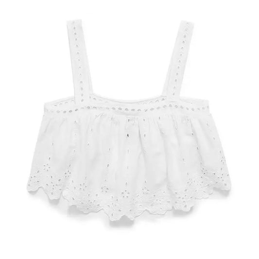 White Ruffled Embroidered Crop Top