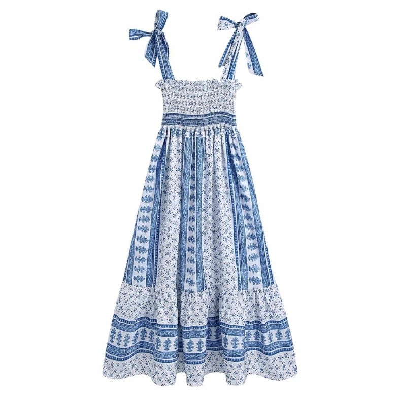 Ophelia Blue Floral Patterned Smocked Tiered Spaghetti Strap Maxi Dress