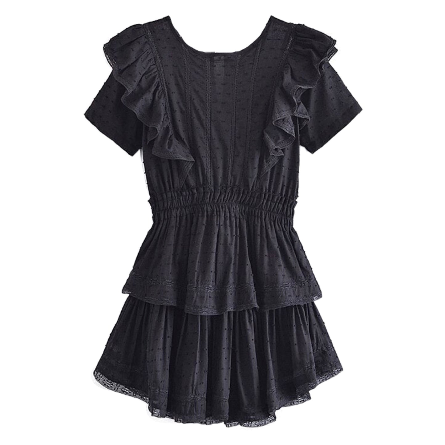 Black Embroidered Ruffle Trim Mini Dress