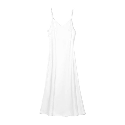 White Satin Spaghetti Strap V-Neck Sleeveless Maxi Slip Dress