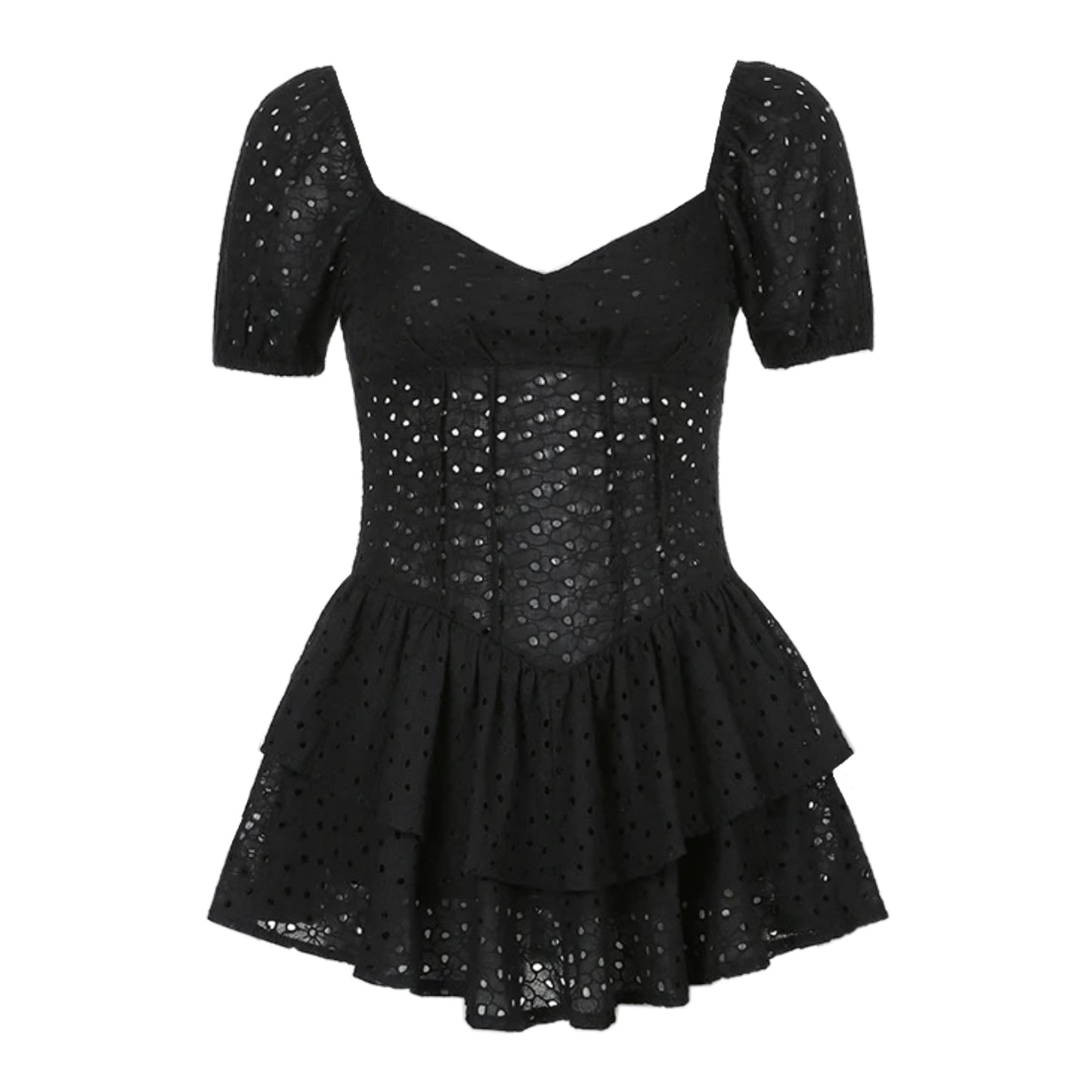 Black Embroidered Puff Sleeve Mini Romper Dress