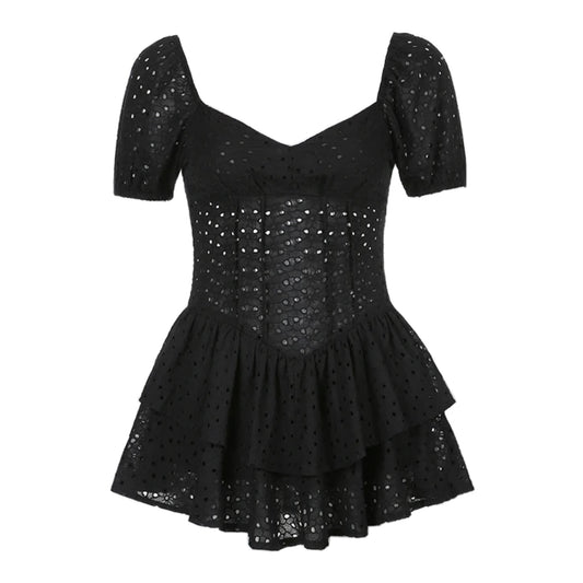 Black Embroidered Layered Ruffle Puff Sleeve Mini Dress