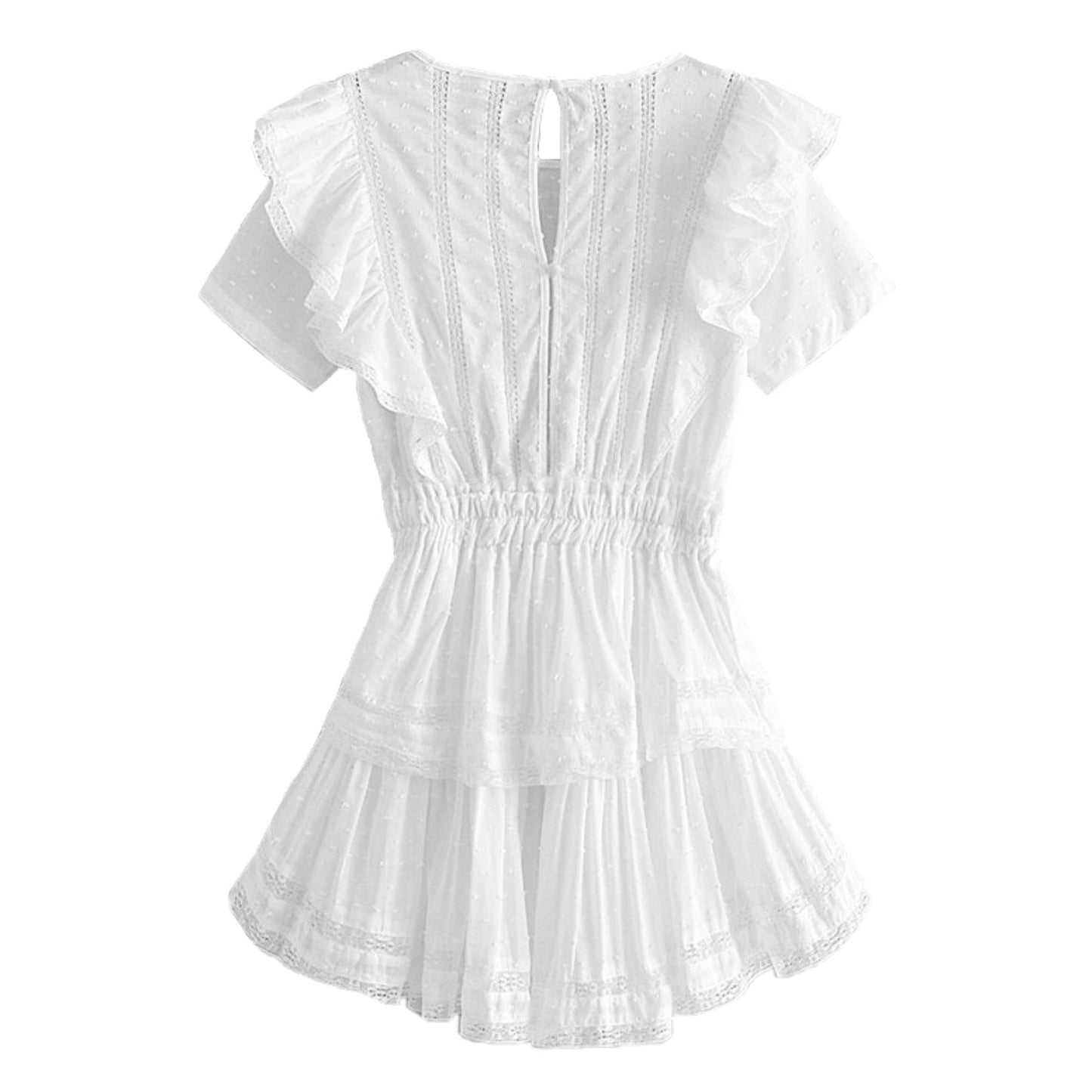 White Embroidered Ruffle Trim Mini Dress