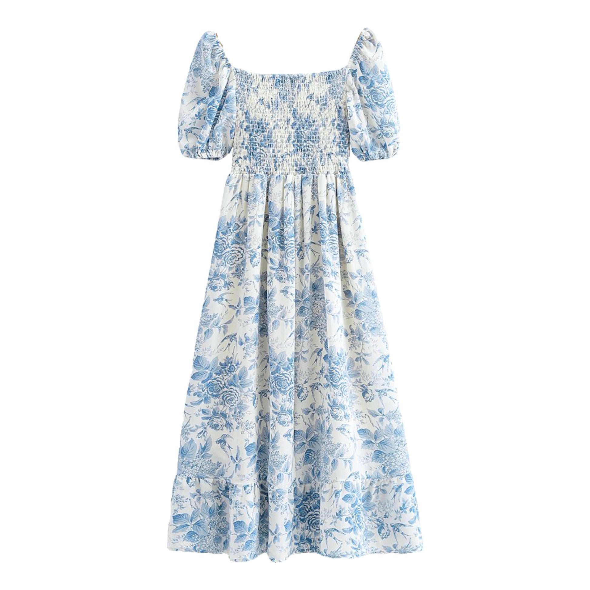 Coastal Blue Floral Print Puff Sleeve Smocked Midi Dress Dazey Hill Coastal Blue Floral Print Puff Sleeve Smocked Midi Dress Dazey Hill