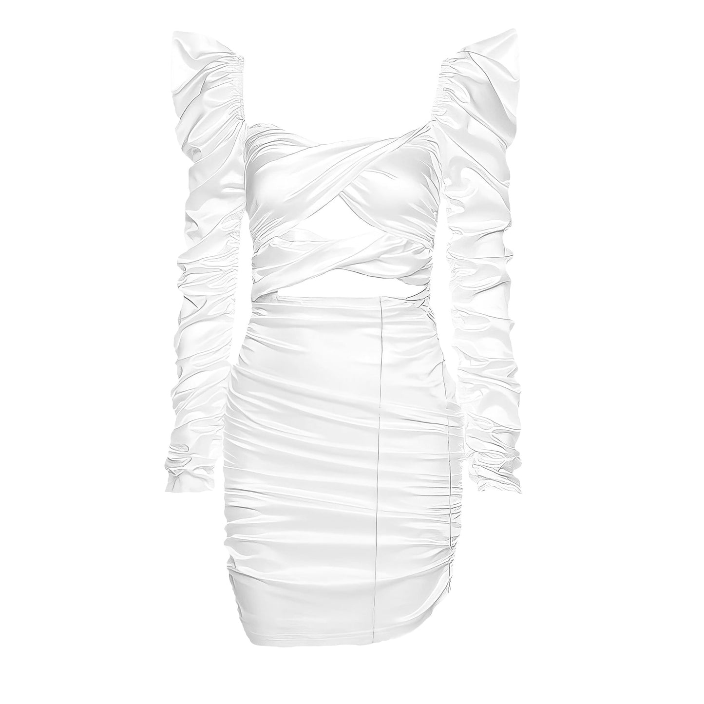 Ivory White Satin Cut-Out Lace Up Long Sleeve Mini Dress