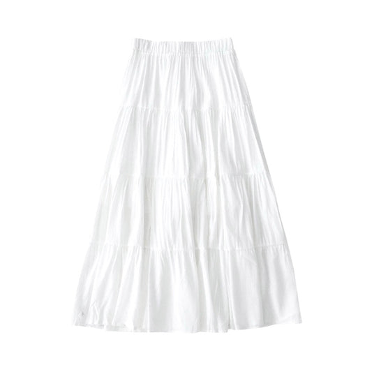 Ivory Cotton Mediterranean Tiered Linen Low-Rise Maxi Skirt