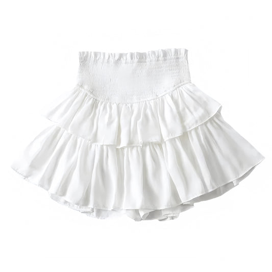White Smocked Mid-Rise Layered Ruffle Tiered Mini Skirt