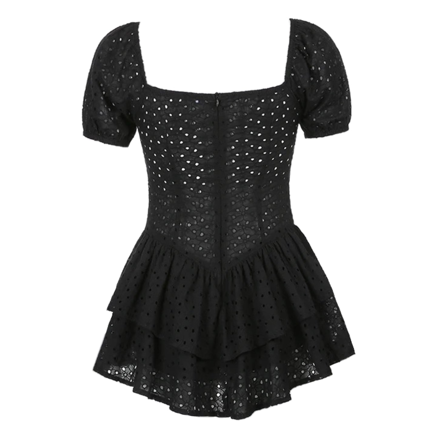 Black Embroidered Puff Sleeve Mini Romper Dress