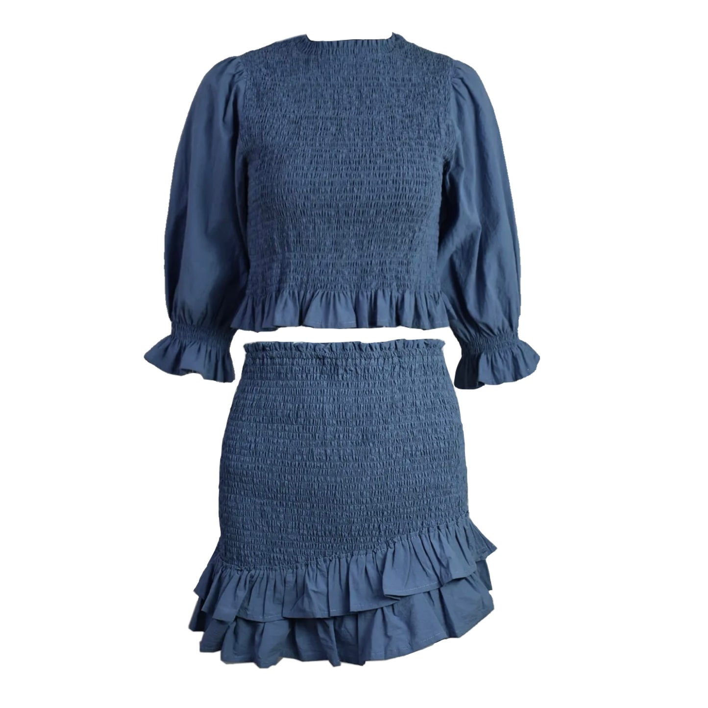 Navy Blue Ruffle Puff Sleeve Top & Mini Skirt