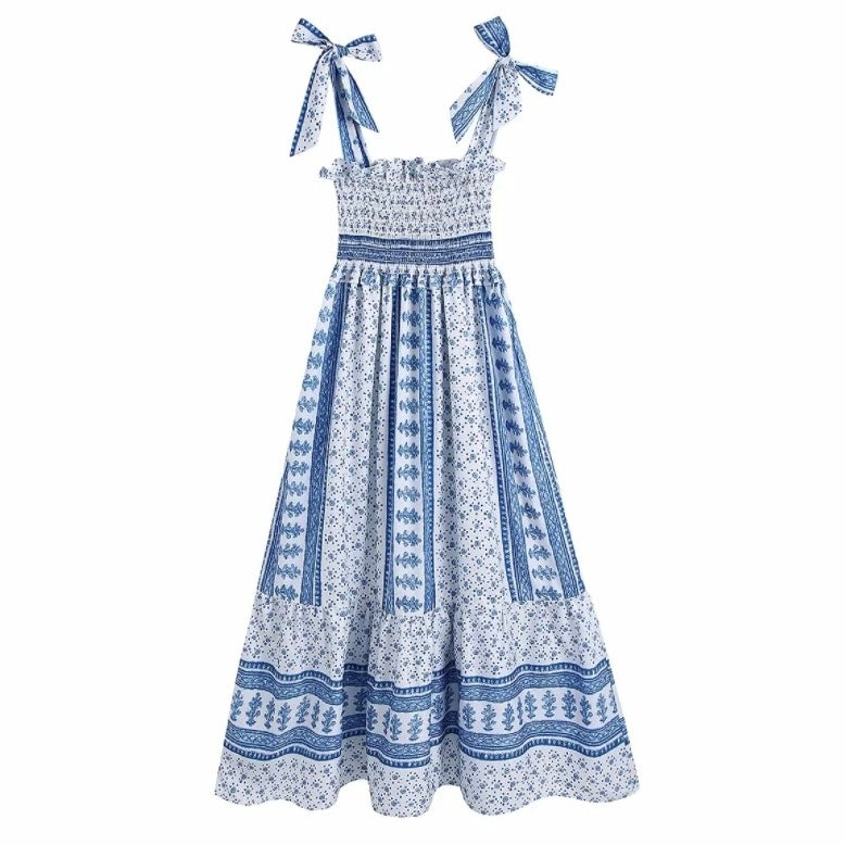 Ophelia Blue Floral Patterned Smocked Tiered Spaghetti Strap Maxi Dress