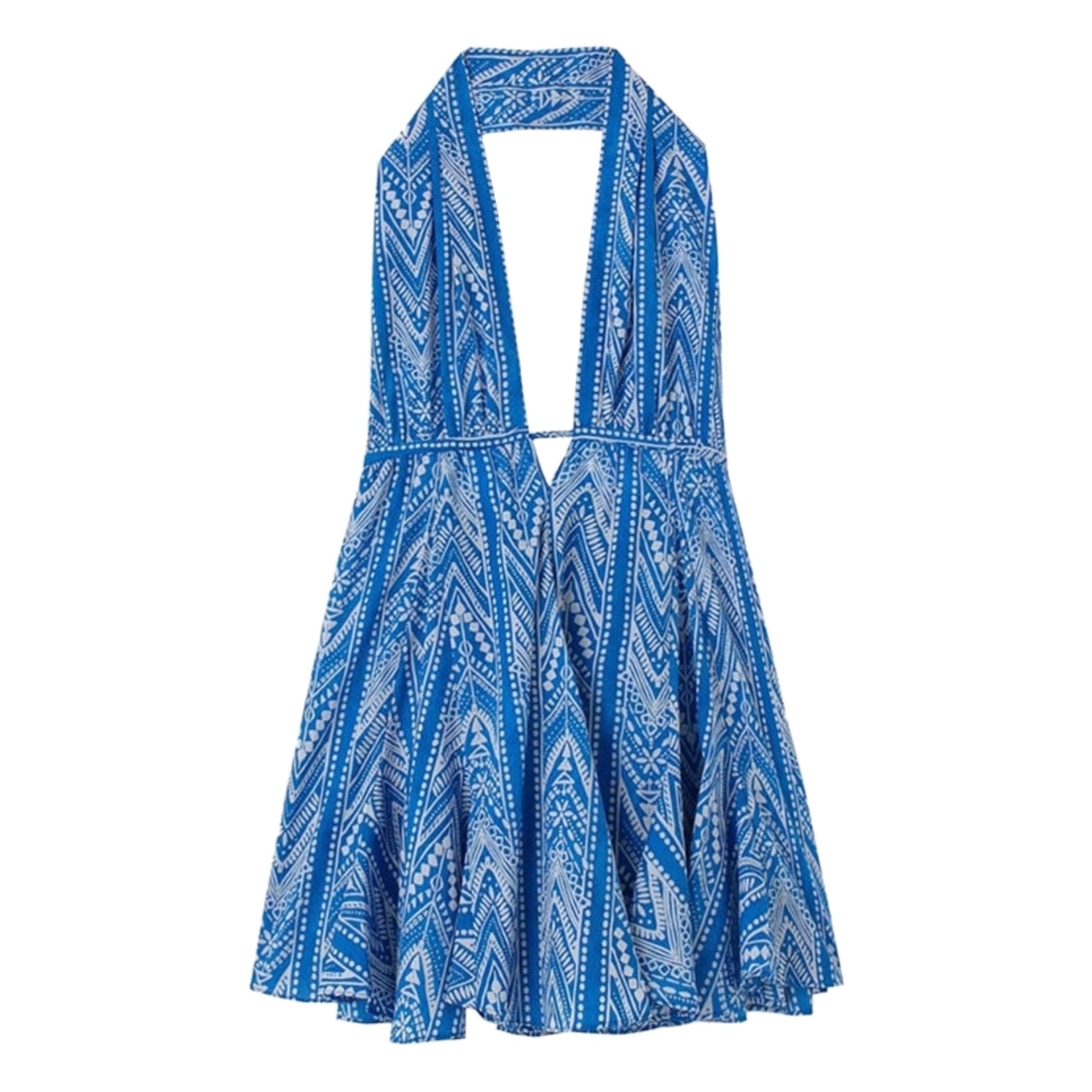 Naia Blue Geometric Pattern Ruffled V-Neck Halter Backless Mini Dress Dazey Hill Naia Blue Geometric Pattern Ruffled V-Neck Halter Backless Mini Dress Dazey Hill