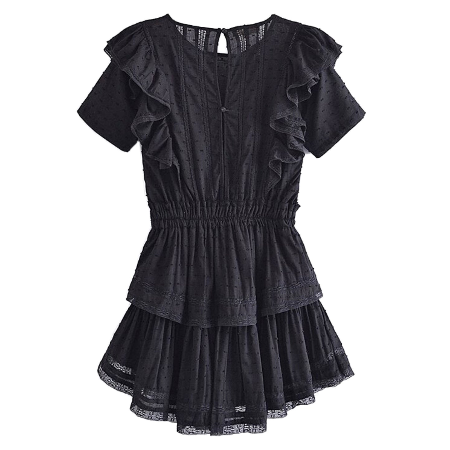 Black Embroidered Ruffle Trim Mini Dress