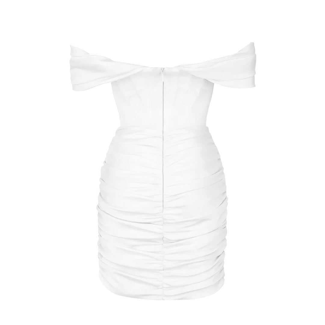 Ivory White Satin Off-Shoulder Bustier Corset Mini Dress