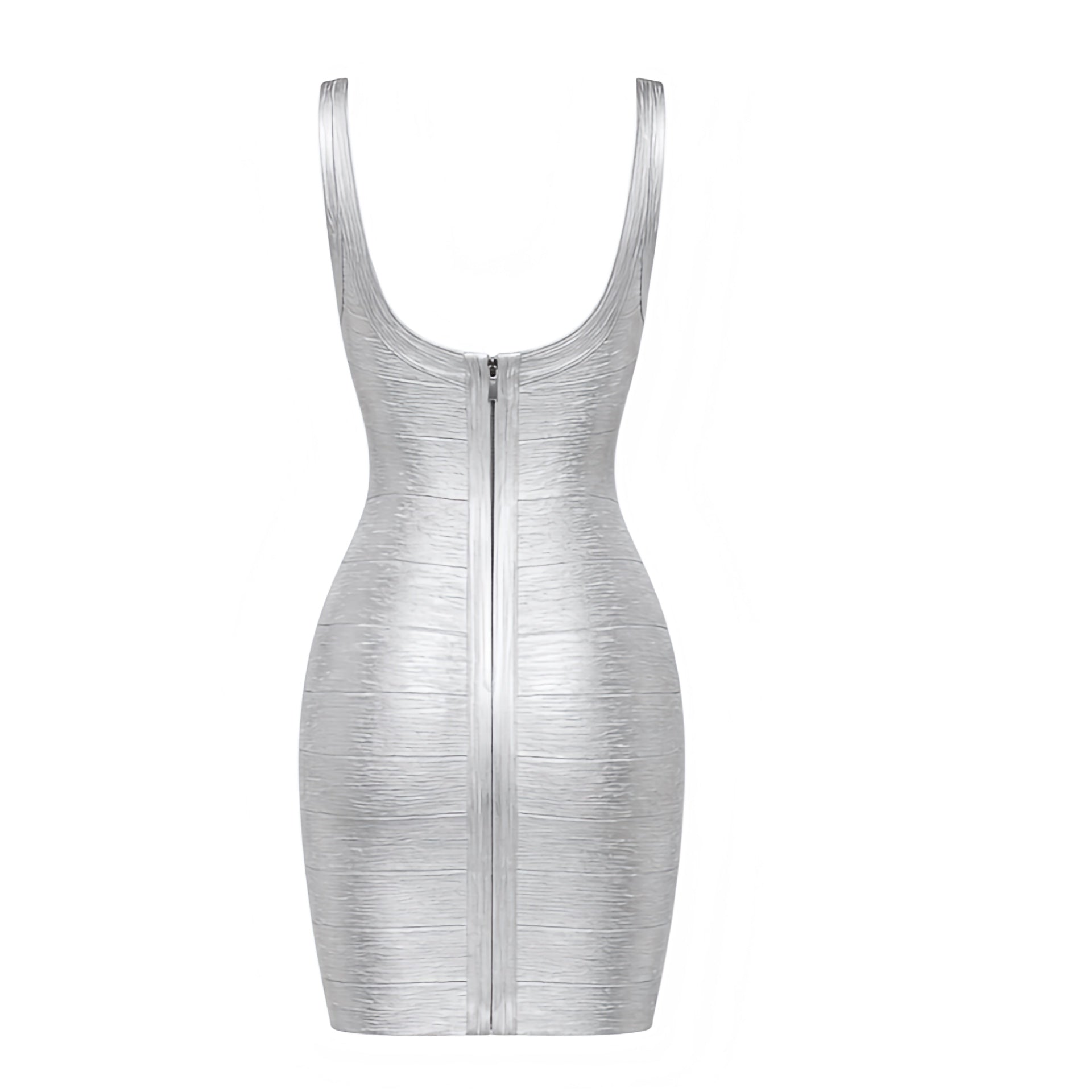 Silver chrome metallic bodycon backless mini bandage dress with shimmery shine, slim skinny fitted silhouette, spaghetti straps, sleeveless design, square plunging neckline, scoop neck, cleavage detail, open back and cut out style for womens Y2K outfits, 2000s fashion, club wear, disco party, rave, festival, Ibiza, New Years Eve, Halloween, baddie and futuristic glam outfits.