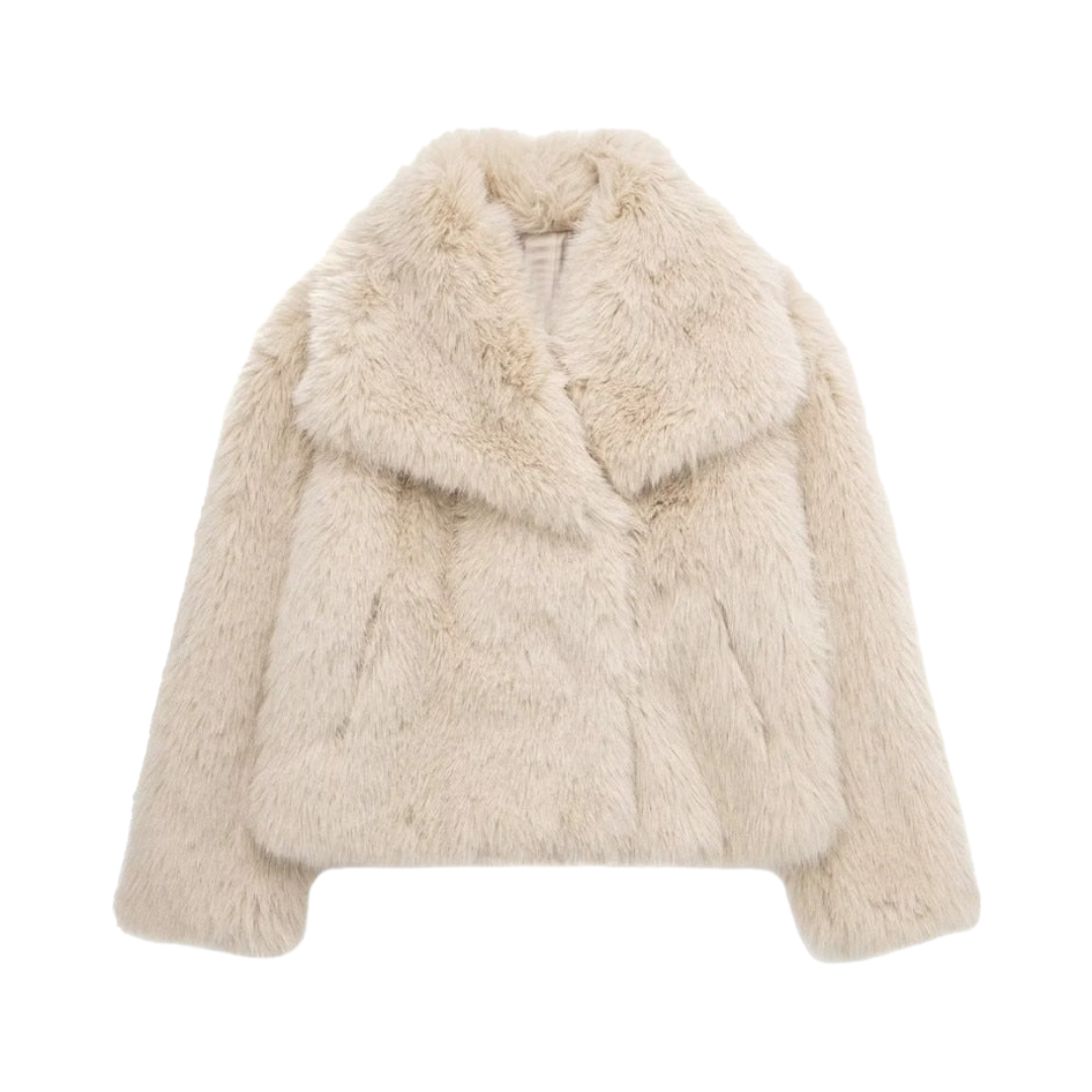 Beige faux fur oversized cropped jacket with collared v-neck for women and teens, satin lined fuzzy soft cozy warm thick luxury faux fur coat with long sleeves, elegant nude tan feminine trendy Y2K chic outerwear for fall autumn winter 2025, stylish Scandinavian Copenhagen streetwear ski outfit après ski snow day party night out cool girl it girl fashion, with global worldwide shipping to US UK Canada Australia Europe and Asia.