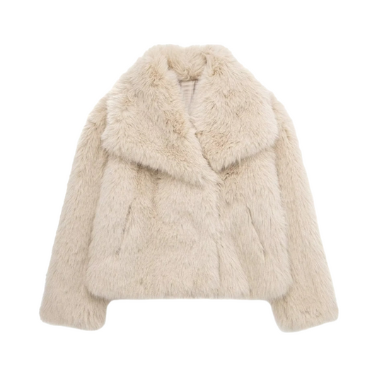 Beige faux fur oversized cropped jacket with collared v-neck for women and teens, satin lined fuzzy soft cozy warm thick luxury faux fur coat with long sleeves, elegant nude tan feminine trendy Y2K chic outerwear for fall autumn winter 2025, stylish Scandinavian Copenhagen streetwear ski outfit après ski snow day party night out cool girl it girl fashion, with global worldwide shipping to US UK Canada Australia Europe and Asia.