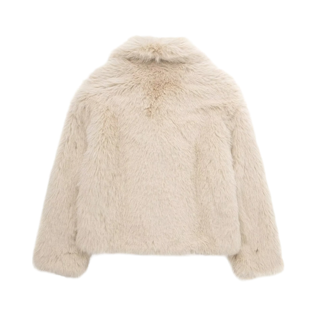 Beige faux fur oversized cropped jacket with collared v-neck for women and teens, satin lined fuzzy soft cozy warm thick luxury faux fur coat with long sleeves, elegant nude tan feminine trendy Y2K chic outerwear for fall autumn winter 2025, stylish Scandinavian Copenhagen streetwear ski outfit après ski snow day party night out cool girl it girl fashion, with global worldwide shipping to US UK Canada Australia Europe and Asia.