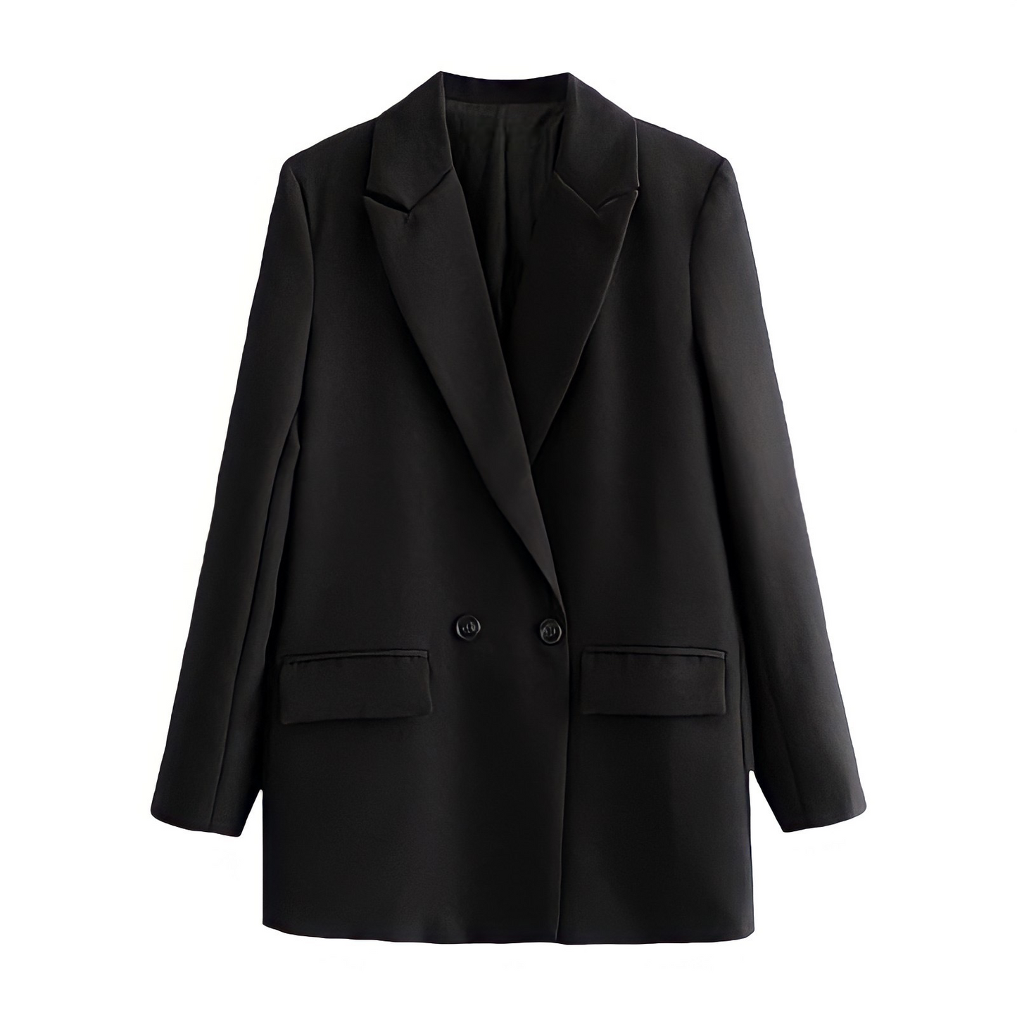Black Long Sleeve Tailored Blazer Jacket featuring a structured oversized silhouette with a double-breasted design, satin lining, and front flap pockets. Elegant, minimalist, and chic outerwear for women and teens. Perfect for fall, autumn, and winter 2025 fashion. Ships globally and worldwide to the US, UK, Canada, Australia, Europe, and Asia.