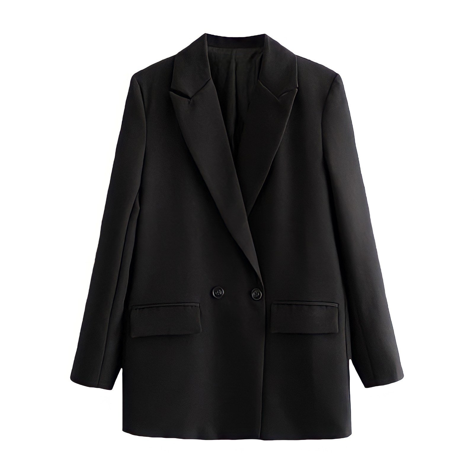 Black Long Sleeve Tailored Blazer Jacket featuring a structured oversized silhouette with a double-breasted design, satin lining, and front flap pockets. Elegant, minimalist, and chic outerwear for women and teens. Perfect for fall, autumn, and winter 2025 fashion. Ships globally and worldwide to the US, UK, Canada, Australia, Europe, and Asia.
