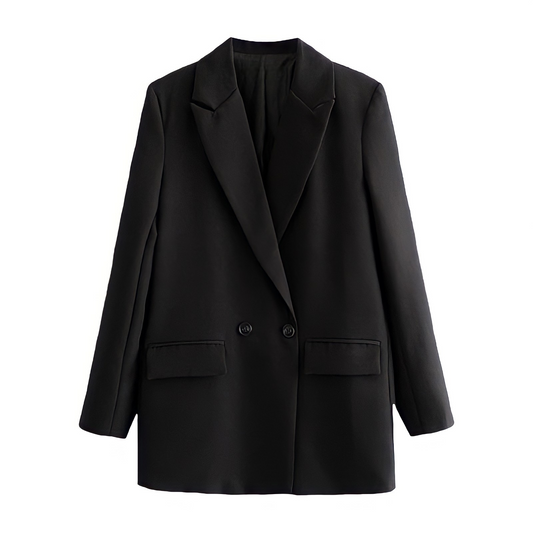 Black Long Sleeve Tailored Blazer Jacket featuring a structured oversized silhouette with a double-breasted design, satin lining, and front flap pockets. Elegant, minimalist, and chic outerwear for women and teens. Perfect for fall, autumn, and winter 2025 fashion. Ships globally and worldwide to the US, UK, Canada, Australia, Europe, and Asia.