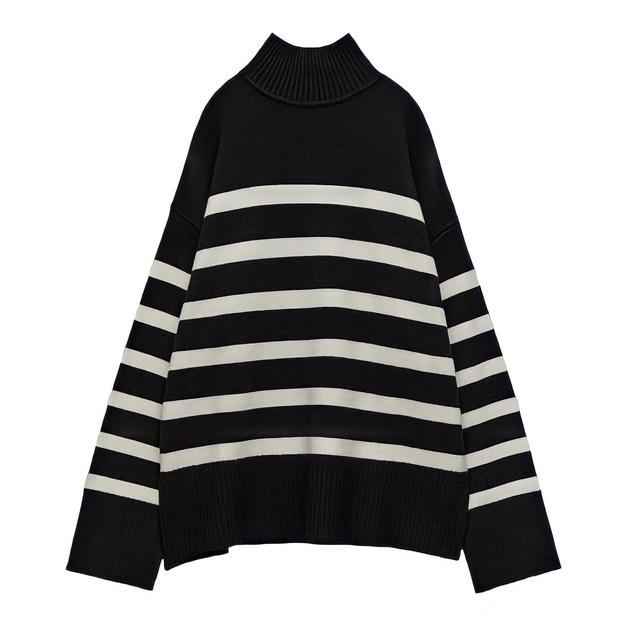 Black and white striped knit oversized turtleneck pullover sweater for women and teens, soft thick ribbed chunky knit design with long sleeves, cozy warm elegant knitwear for fall autumn winter 2025, Scandinavian streetwear inspired by Zara and Aritzia dupe fashion, minimal chic and cool girl coastal granddaughter sweater, ships globally worldwide to US, UK, Canada, Europe, Australia, and Asia.