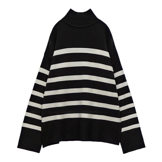 Black and white striped knit oversized turtleneck pullover sweater for women and teens, soft thick ribbed chunky knit design with long sleeves, cozy warm elegant knitwear for fall autumn winter 2025, Scandinavian streetwear inspired by Zara and Aritzia dupe fashion, minimal chic and cool girl coastal granddaughter sweater, ships globally worldwide to US, UK, Canada, Europe, Australia, and Asia.