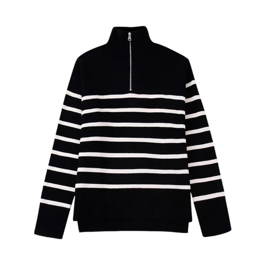 Black and white striped knitted quarter-zip pullover sweater for women and teens, soft ribbed chunky knit with collared neckline and silver zipper, cozy oversized warm knitwear perfect for fall autumn winter 2025, minimalist Scandinavian streetwear inspired by Zara and Aritzia dupe sweaters, trendy black and white stripe fashion shipping globally worldwide to US, UK, Canada, Europe, Australia, and Asia.